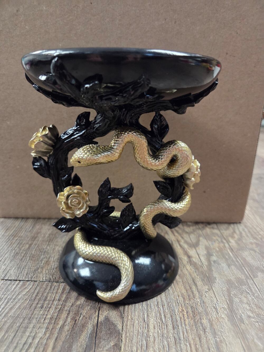 Bath + Body Works Halloween Black Gold Snake Roses 3 Wick Candle Pedestal Holder